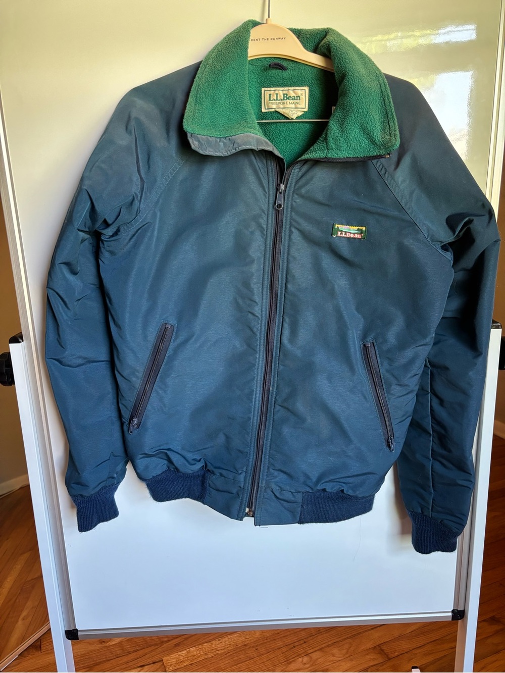 Vintage L.L. Bean Men's Dark Blue warm up Jacket with Green Fleece Collar